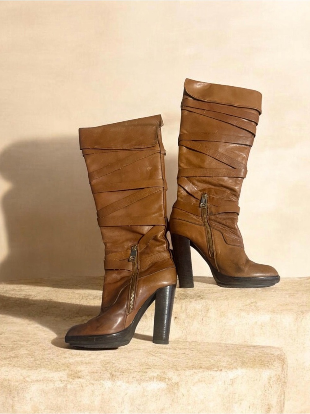 Michael Kors Cognac Wrap-Strap High Heel Boots - Picture 3 of 7